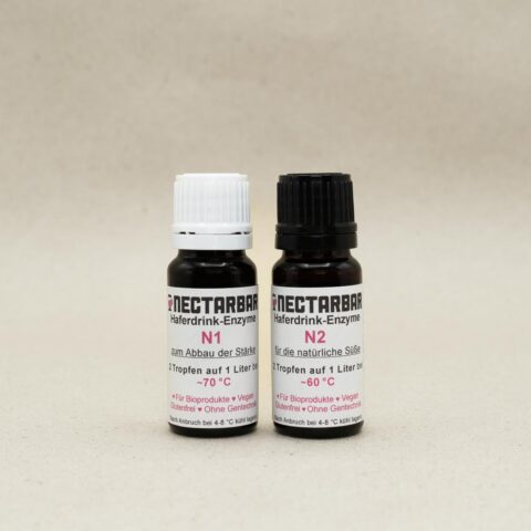 Enzyme N1 und N2 in der Tropfflasche jeweils 10ml zum Selbermachen von 100 Liter Hafermilch, Frontansicht