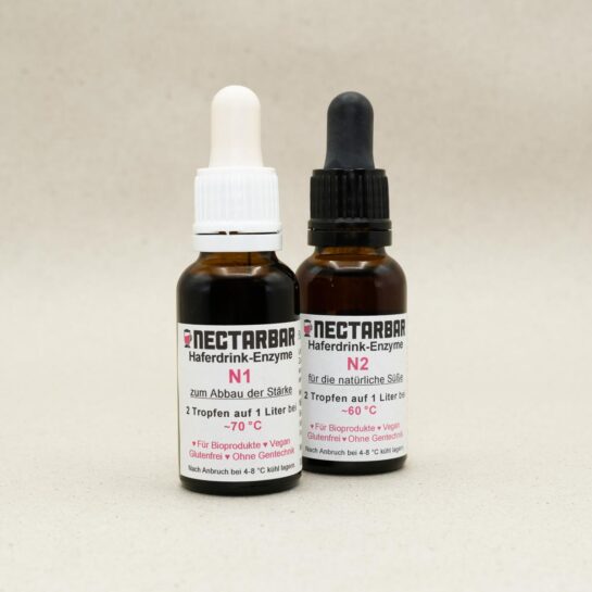 NECTARBAR Enzyme N1 N2 200L Pipettenflasche Enzyme N1 und N2 in der Pipettenflasche jeweils 20ml zum Selbermachen von 200 Liter Hafermilch, Frontansicht