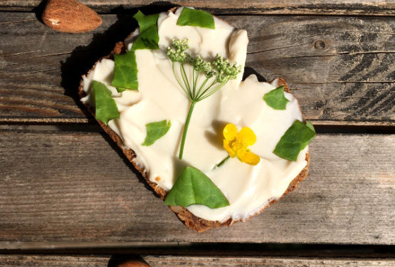 Frischecreme aus Mandeljoghurt dekoriert mit Wildkräutern